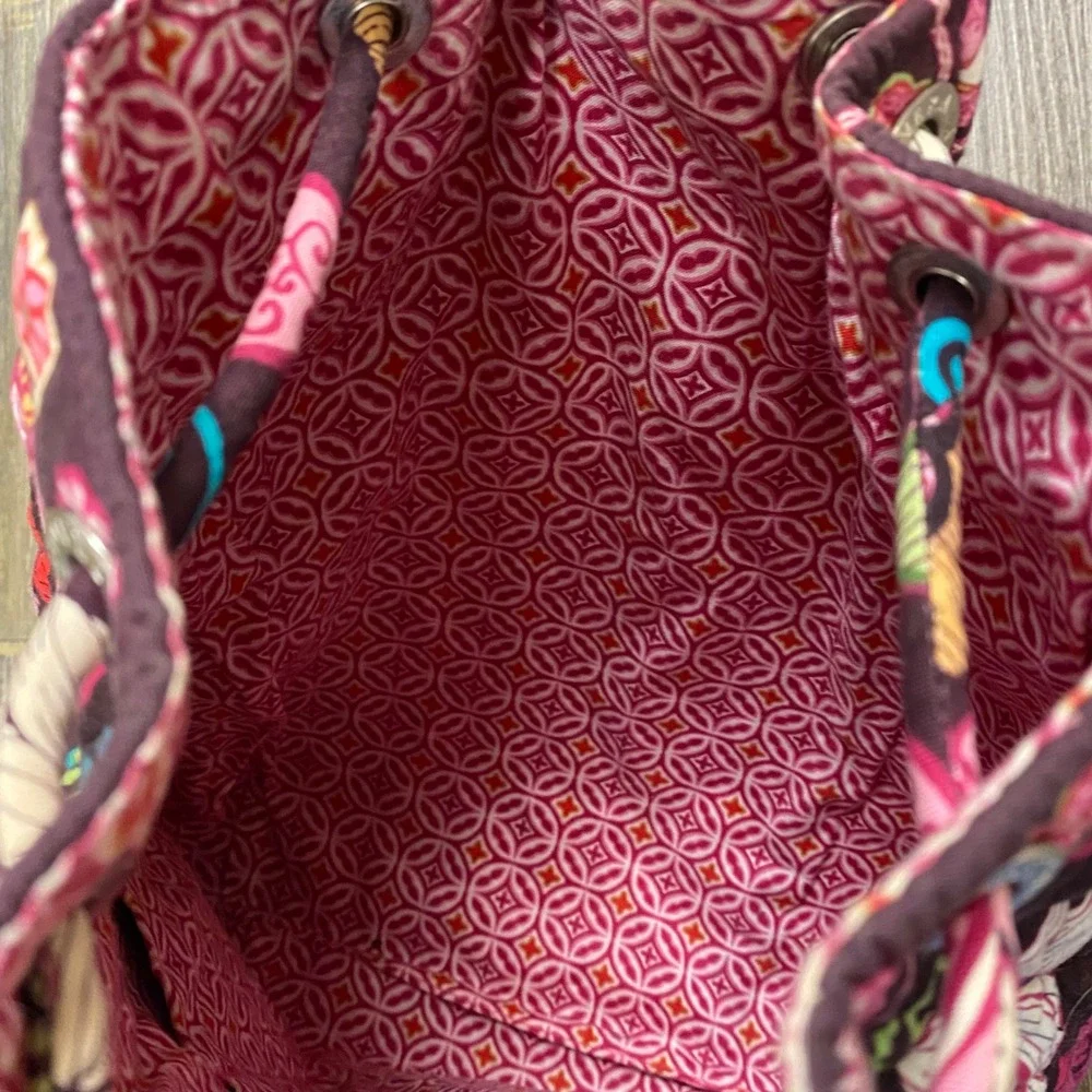 Vera Bradley Quilted Floral Pink/Brown Drawstring Backpack Bag Travel Pouch Sack
